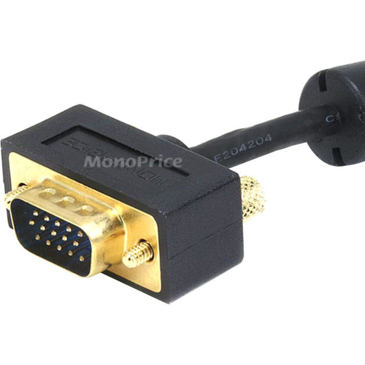 Close-up of gold-plated male HD-15 VGA connector showing Monoprice branding and pin configuration-alternate-image2