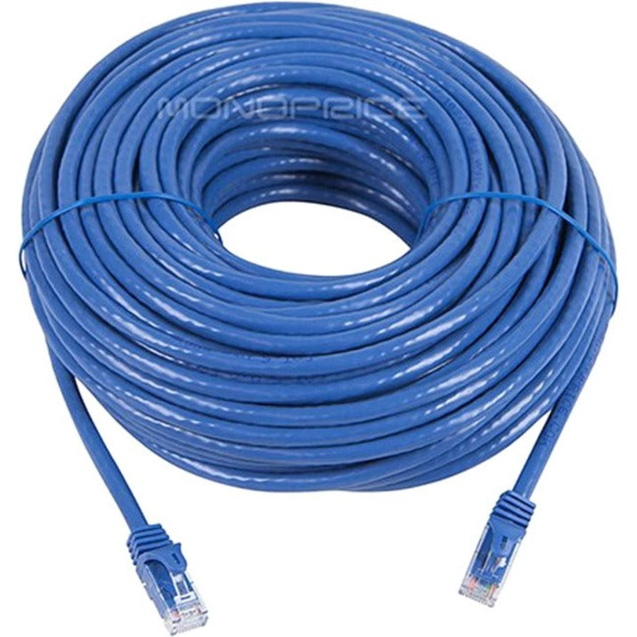 100-foot blue Cat6 ethernet cable with RJ-45 connectors and snagless boots