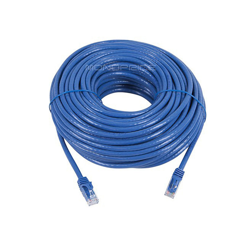 Full length view of 100ft blue Cat6 ethernet cable coiled with visible connectors