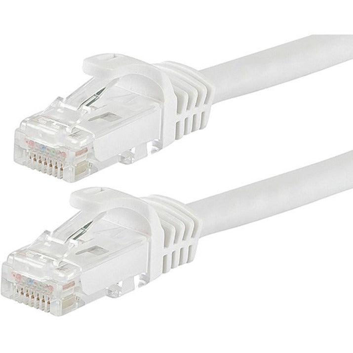 Close-up of white Cat6 cable RJ-45 connectors showing FLEXboot design and gold contacts