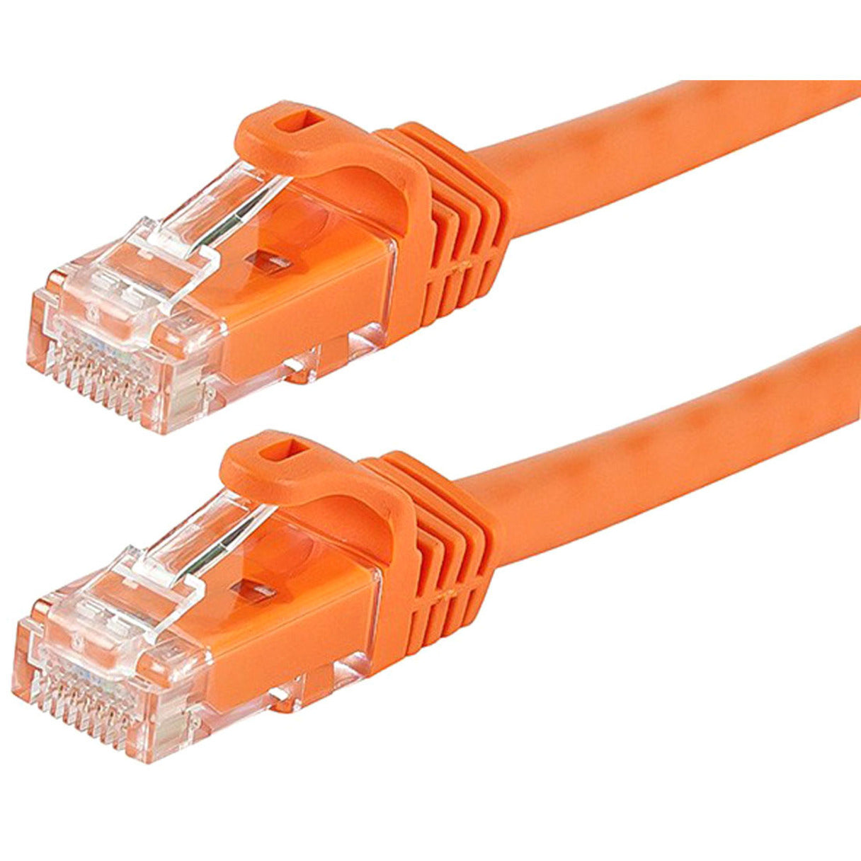 Close-up detail of orange Cat6 cable RJ-45 connectors showing gold contacts and FLEXboot design-alternate-image2