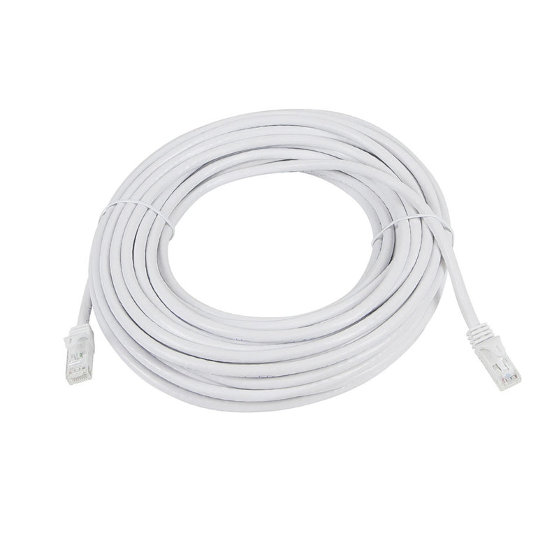 100 foot white CAT6 ethernet cable with RJ-45 connectors and FLEXboot protection coiled in circular arrangement