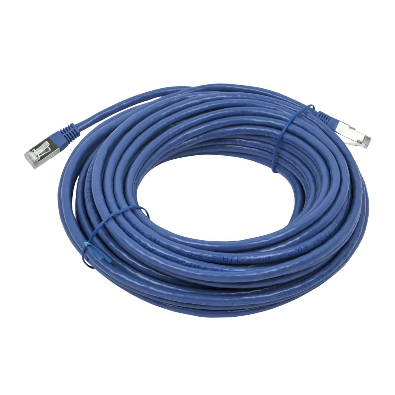 50-foot blue Cat6A shielded ethernet cable with RJ-45 connectors coiled in circular pattern-alternate-image2