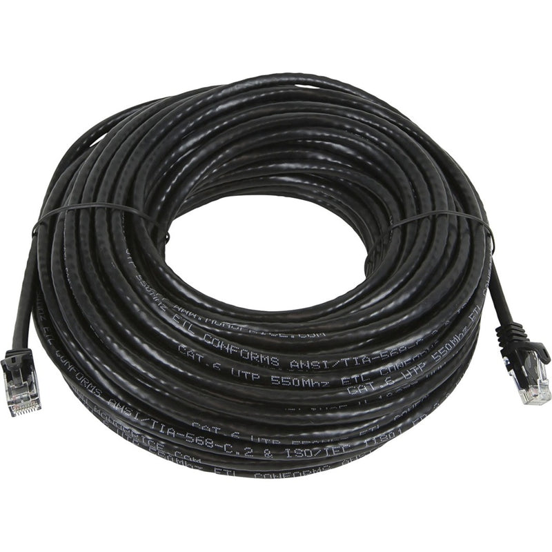 75-foot black Cat5e ethernet network cable coiled showing full length and RJ-45 connectors