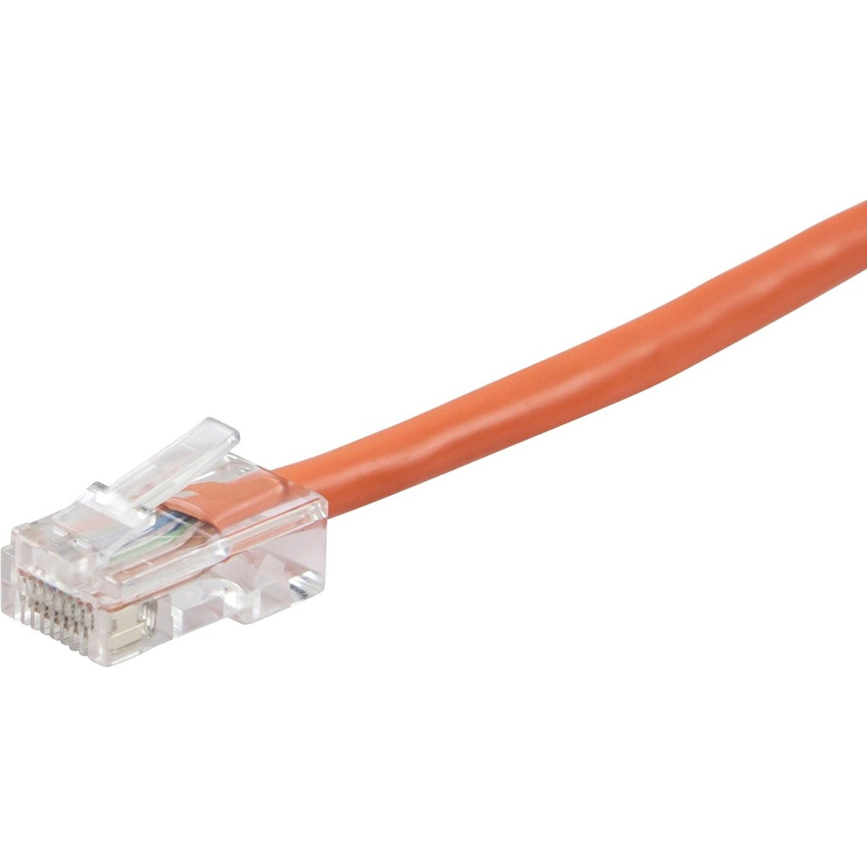 Close-up view of ZEROboot Cat6 cable's transparent RJ-45 connector and orange cable jacket-alternate-image1