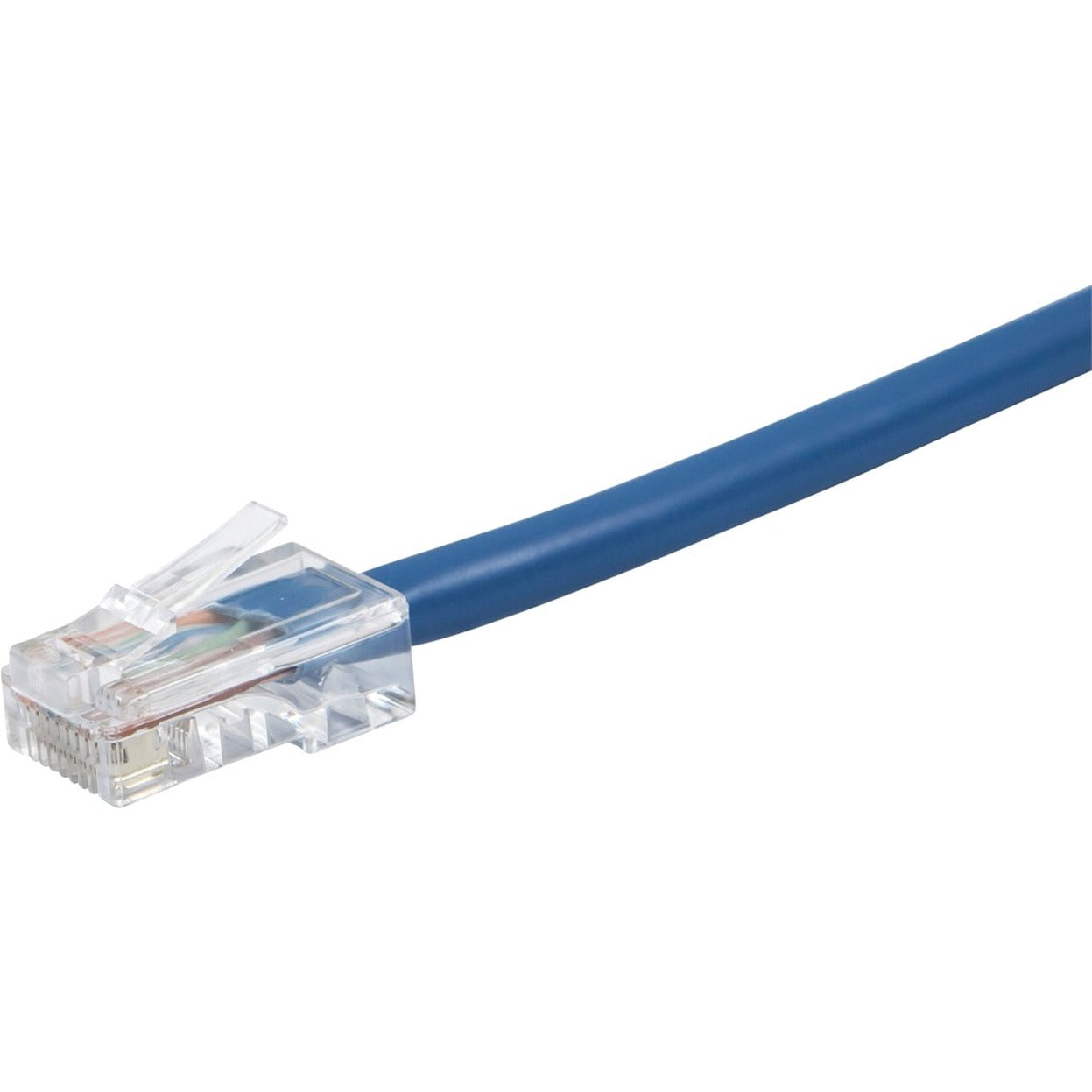 Close-up view of ZEROboot Cat6 cable connector showing transparent RJ-45 plug and blue cable jacket-alternate-image1