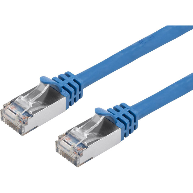 Full view of Monoprice Cat7 network cable showing both ends with shielded RJ-45 connectors and blue cable jacket