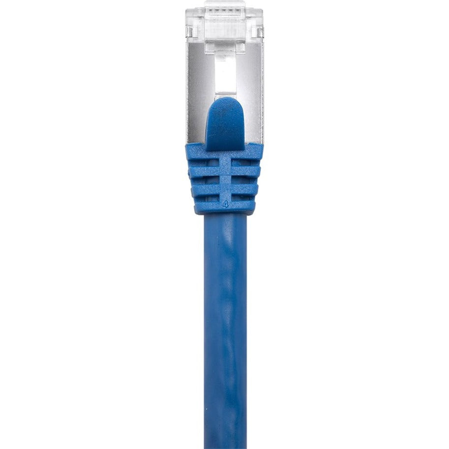 Close-up view of Monoprice Cat7 cable's RJ-45 connector with transparent housing and blue snagless boot-alternate-image1