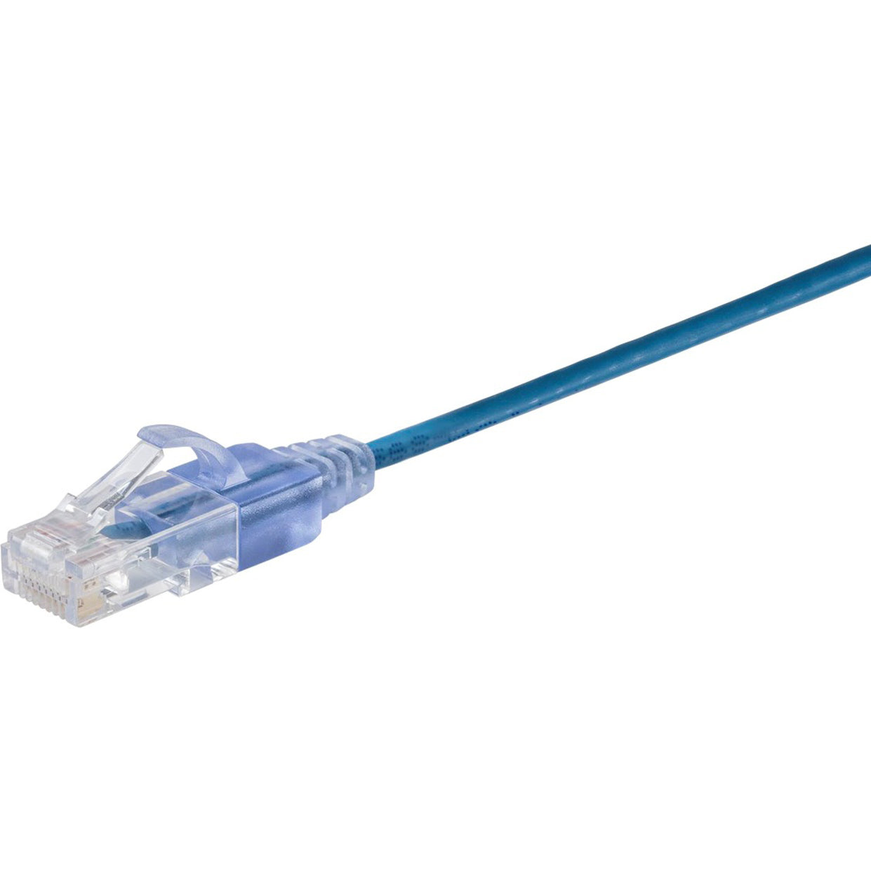 Close-up view of SlimRun Cat6A cable's transparent RJ-45 connector and blue cable jacket-alternate-image2