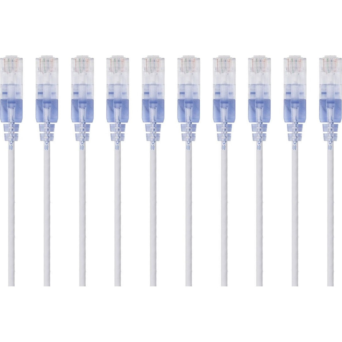 Ten white SlimRun Cat6A ethernet patch cables with transparent RJ-45 connectors arranged in parallel-alternate-image1