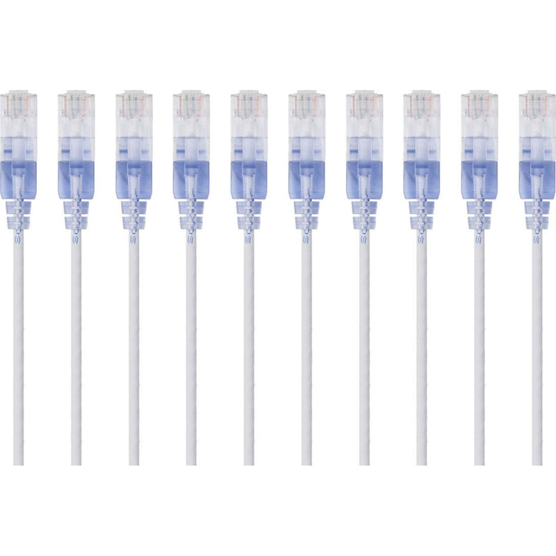 Ten white SlimRun Cat6A ethernet patch cables with transparent RJ-45 connectors arranged in parallel