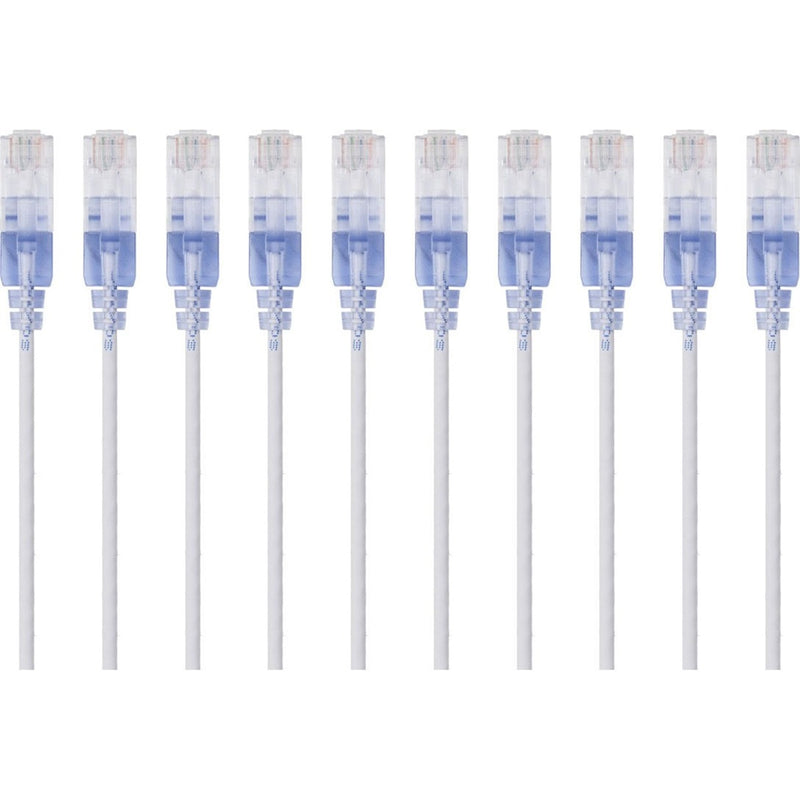 Ten white SlimRun Cat6A ethernet cables with transparent RJ-45 connectors arranged in parallel