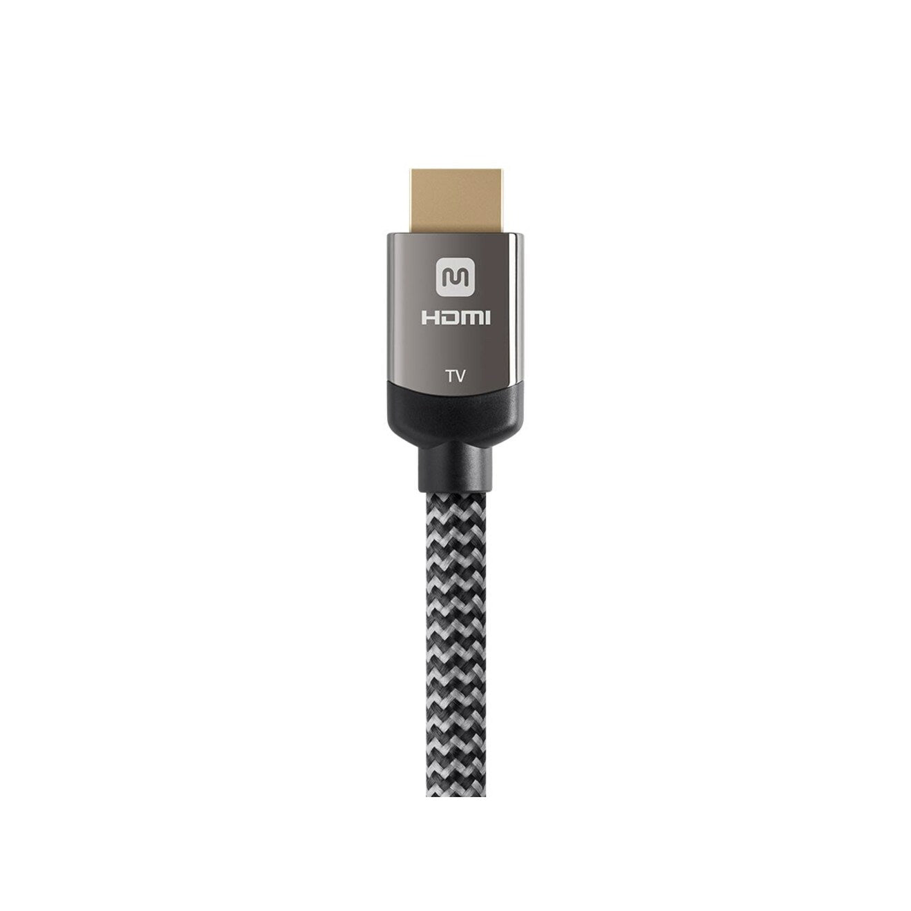 Close-up of Monoprice Luxe Series HDMI connector featuring premium zinc alloy construction and braided cable-alternate-image2