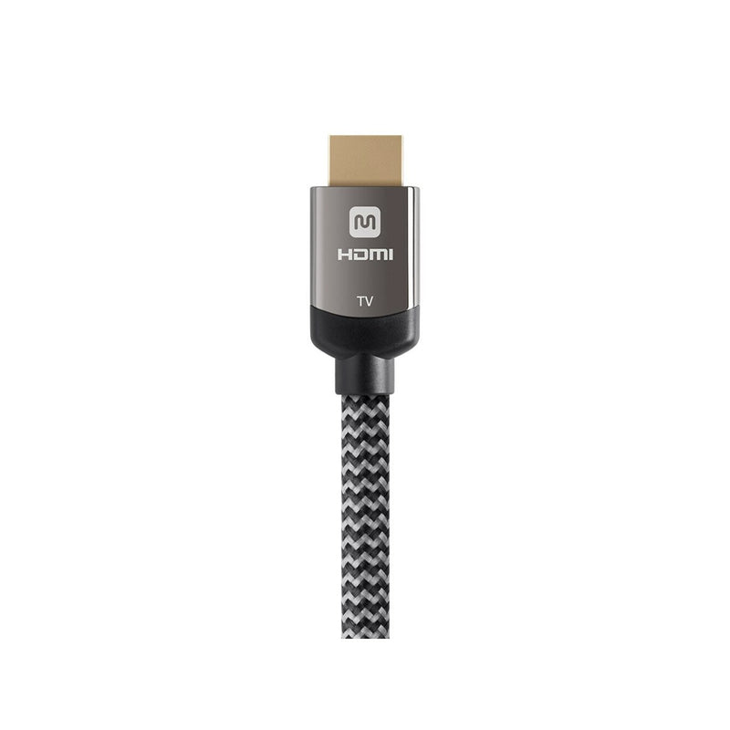 Close-up of Monoprice Luxe Series HDMI connector featuring premium zinc alloy construction and braided cable