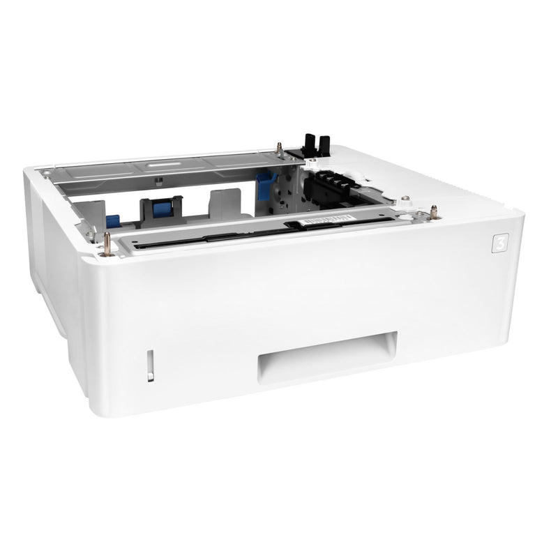 Side angle view of HP LaserJet 550-Sheet Paper Tray showing sleek white exterior and paper loading slot