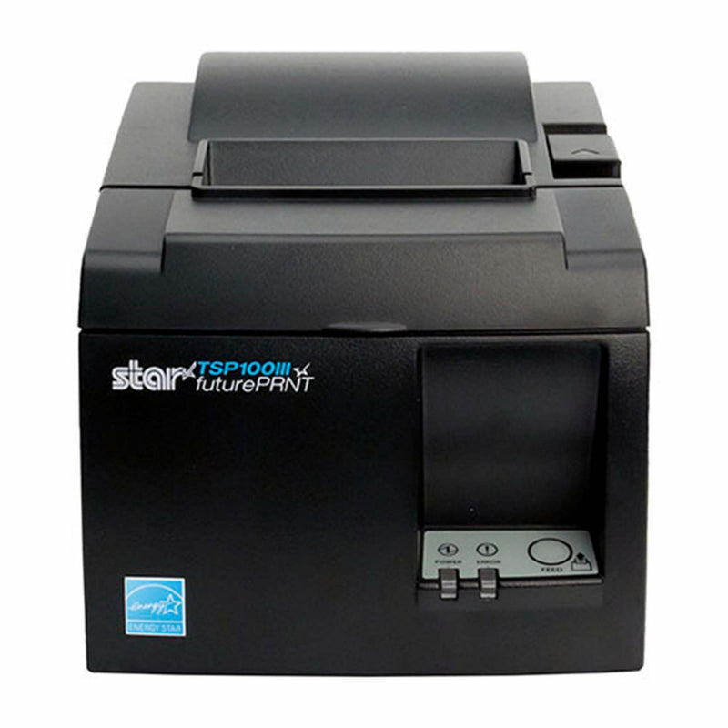 Side angle view of Star Micronics TSP100III printer highlighting paper loading mechanism