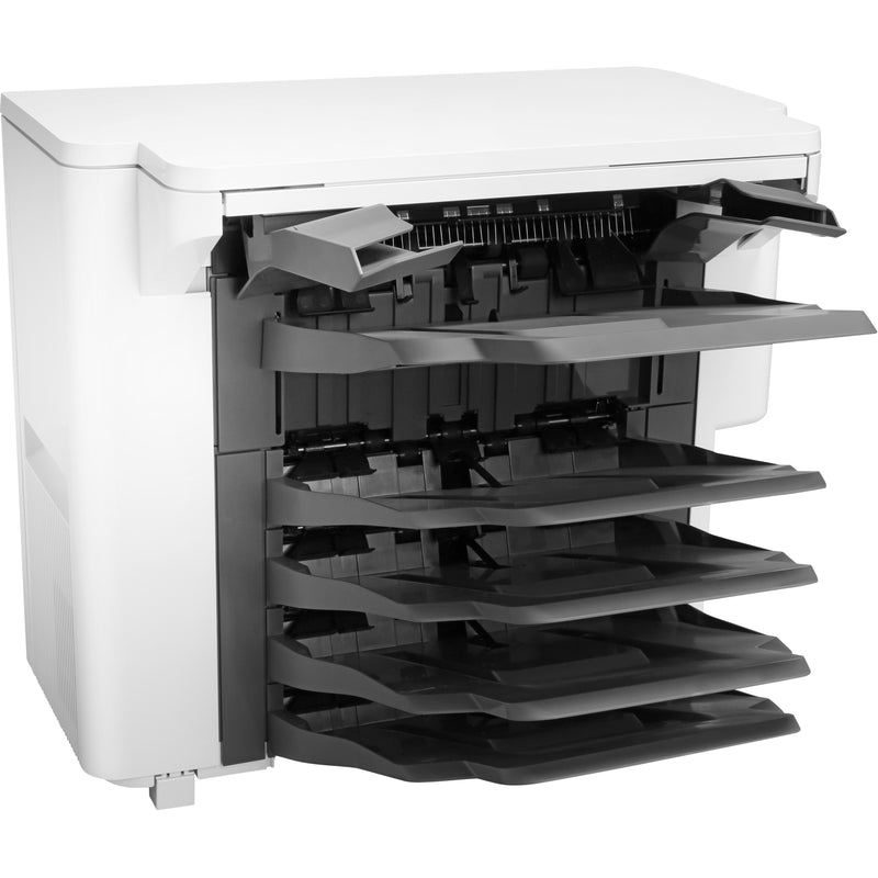 HP LaserJet Stapler/Stacker/Mailbox showing five-tier output system with gray trays in white housing