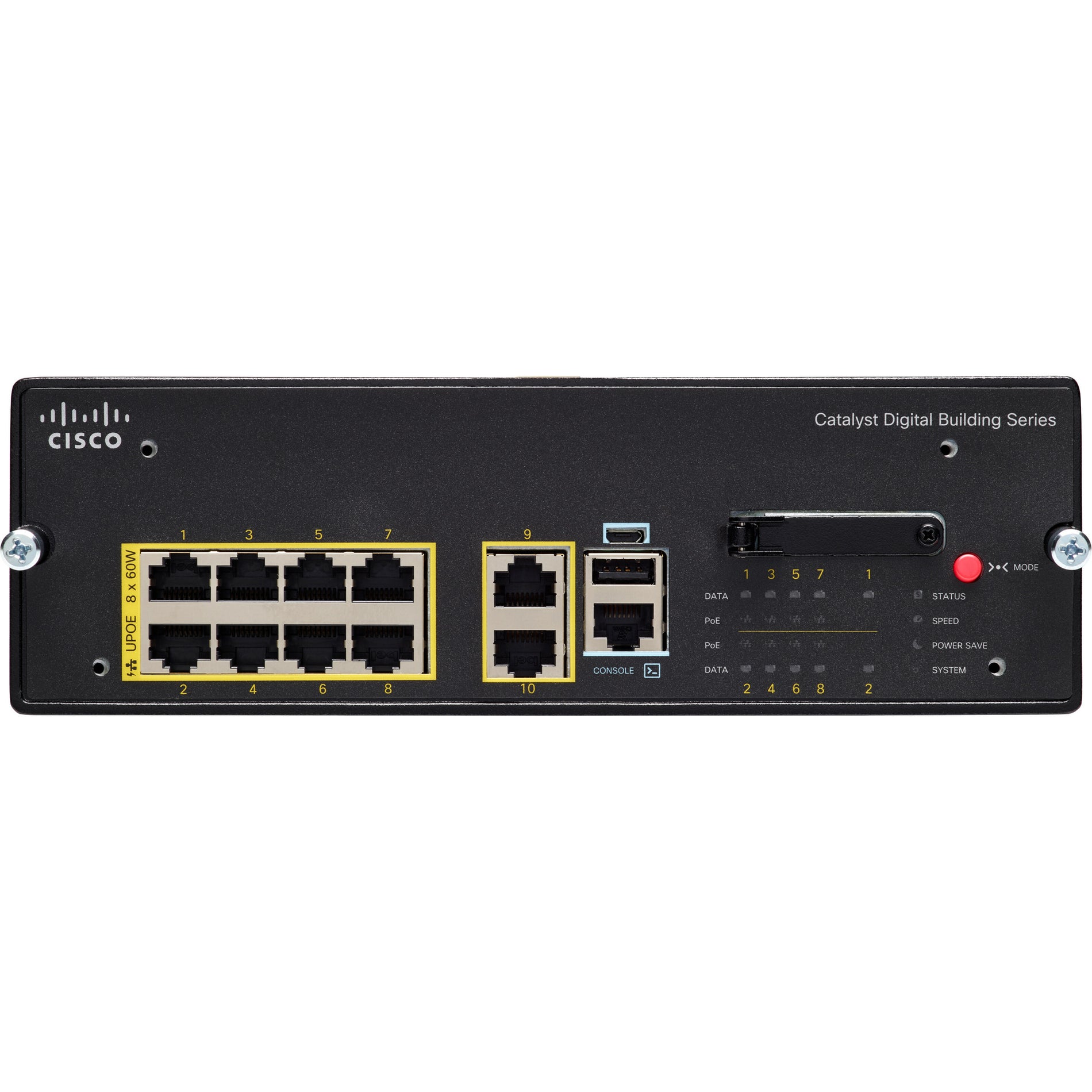 Close-up front view of Cisco Catalyst Digital Building Switch interface panel and status indicators-alternate-image4