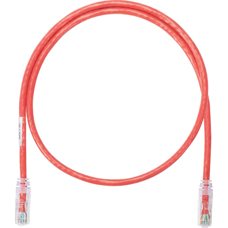 Red Cat.6 UTP network patch cable with clear RJ-45 connectors on both ends, arranged in a circular layout