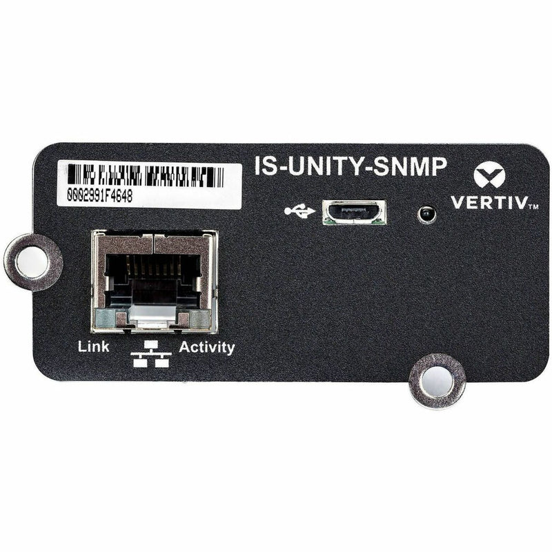 Close-up of IS-UNITY-SNMP card interface showing ports and status indicators