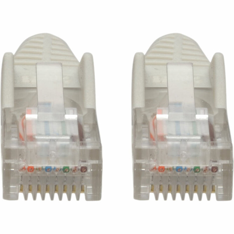 Detailed view of Cat5e cable RJ45 connector boots showing snagless design and strain relief features