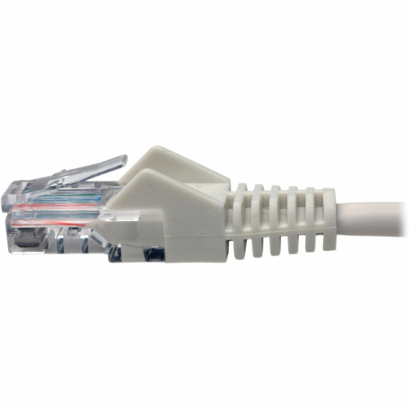 Detailed side view of Cat5e cable RJ45 connector showing internal wiring and boot construction