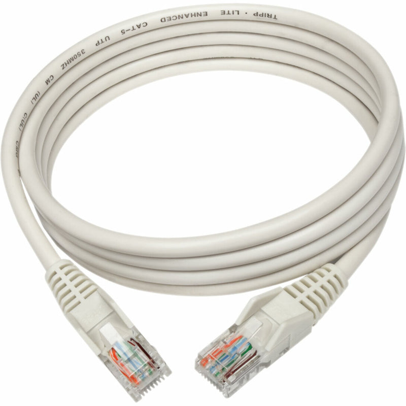 Full length view of white Cat5e network cable with snagless boots and RJ45 connectors on both ends