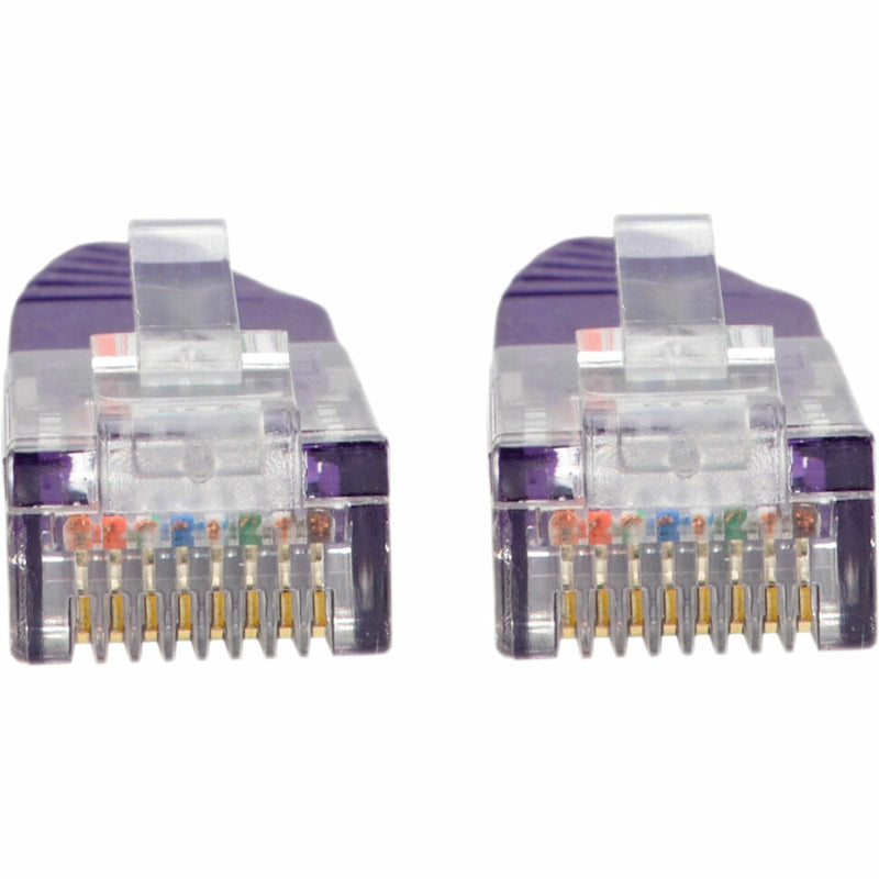 Close-up view of two RJ45 connectors showing gold-plated pins and wire arrangement