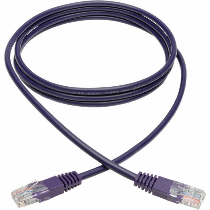 Purple Cat5e network patch cable with RJ45 connectors coiled against white background