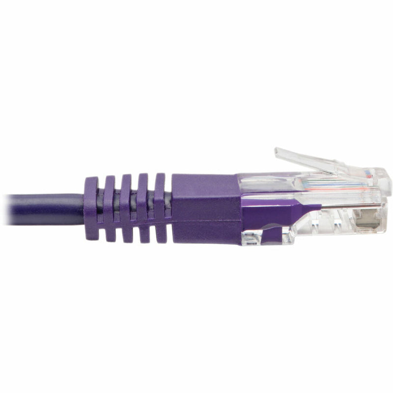 Detailed side view of purple Cat5e cable connector showing strain relief boot design