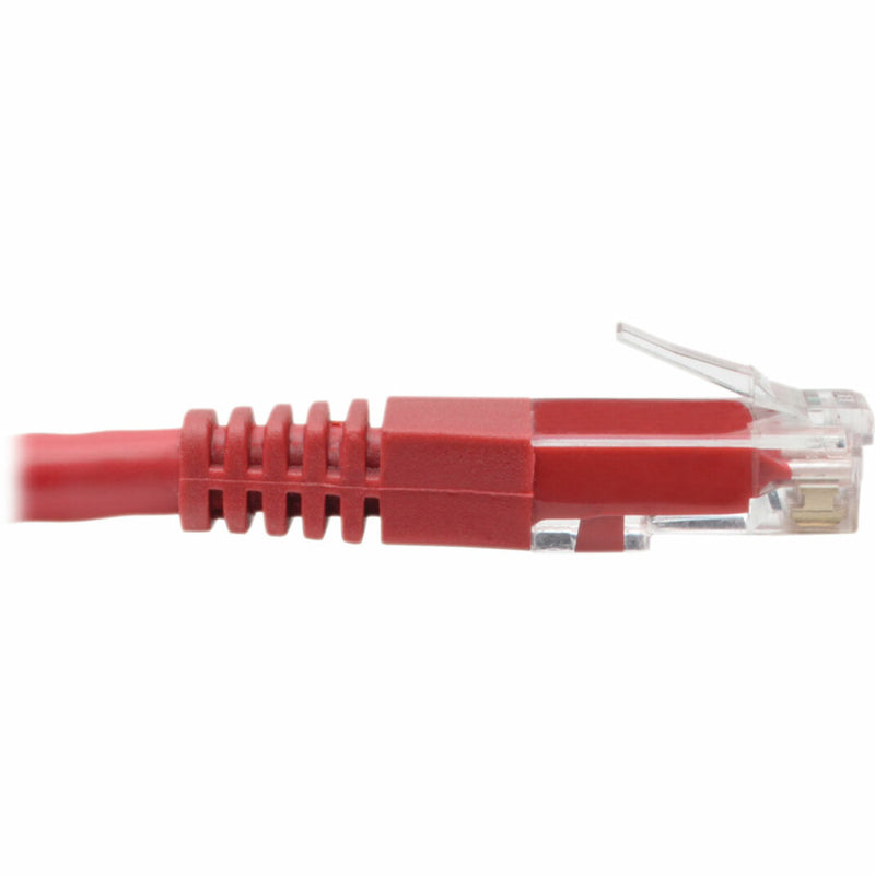 Side profile of Cat6 cable connector showing strain relief boot design