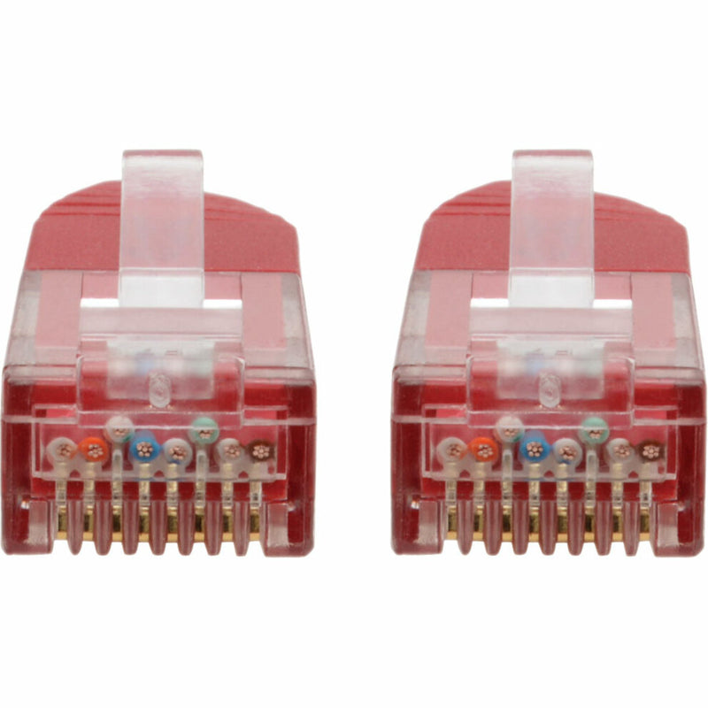 Detailed view of RJ45 connector contact pins and internal wiring arrangement