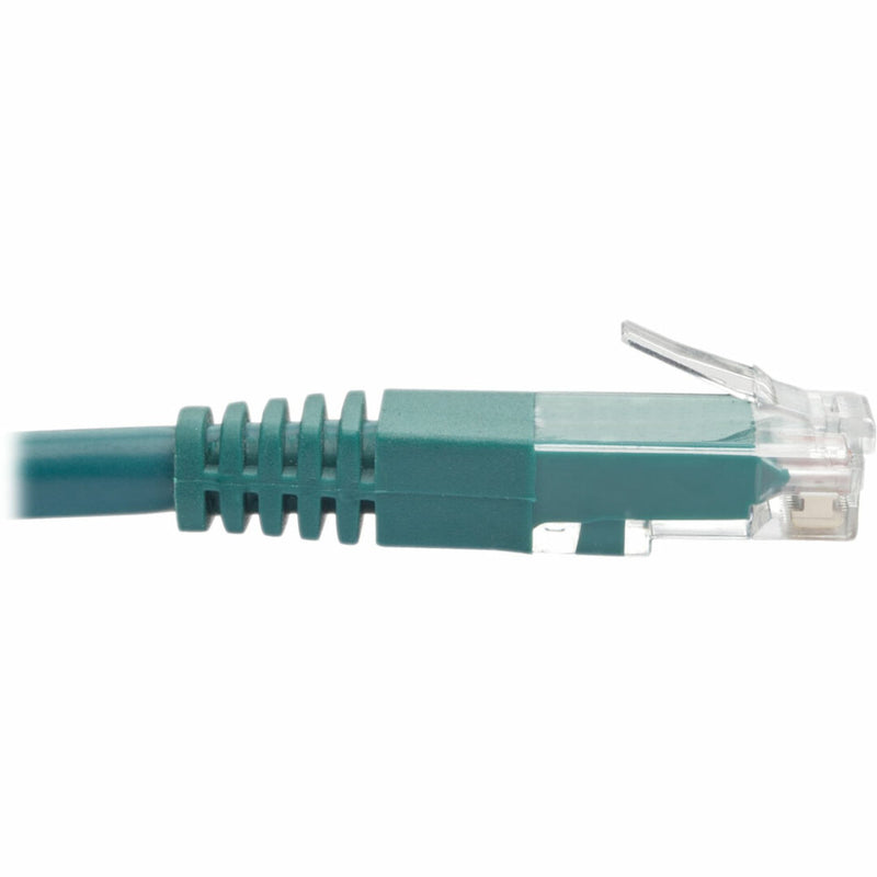 Side profile of green Cat6 cable showing strain relief design and connector interface