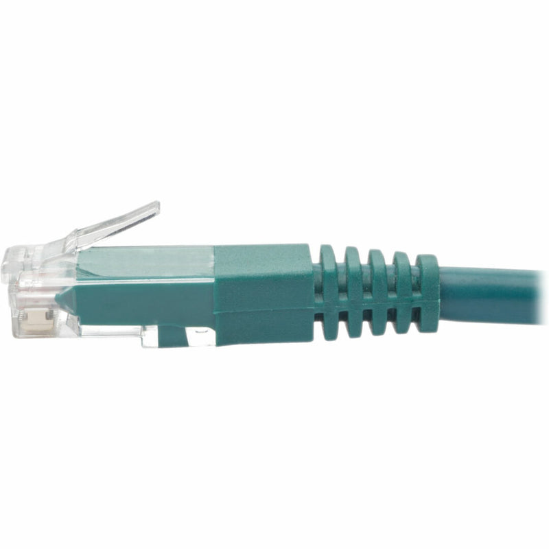 Close-up side view of Cat6 connector showing snag-free boot design and strain relief