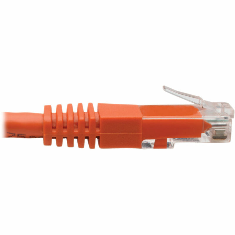 Side profile of orange Cat6 cable showing molded strain relief and connector design