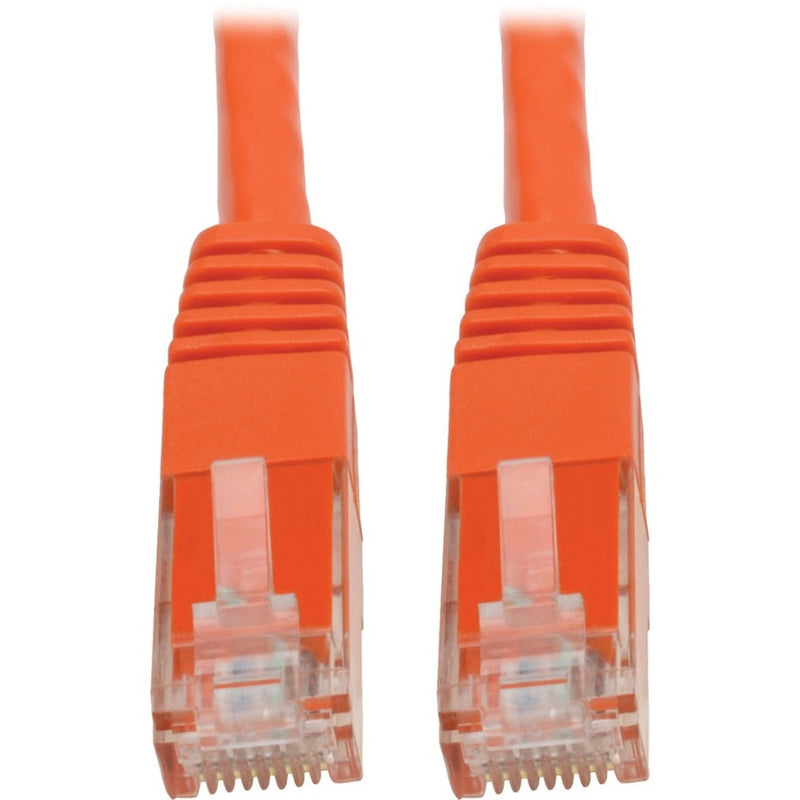 Close-up view of orange Cat6 cable RJ45 connectors with gold-plated contacts and molded strain relief