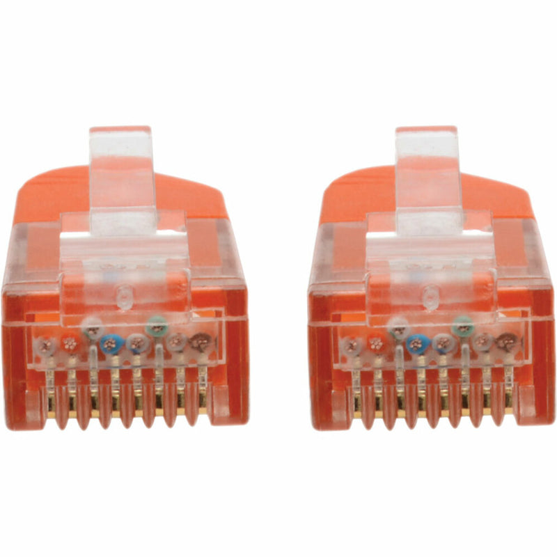 Detailed view of Cat6 cable RJ45 connector pins showing internal wiring arrangement