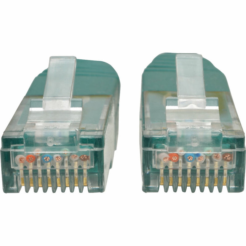 Detailed view of Cat6 ethernet cable RJ45 connector pins and internal wiring