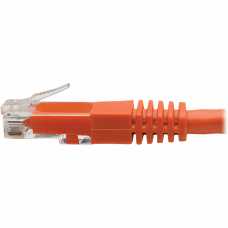 Close-up side view of orange Cat6 cable connector highlighting construction quality