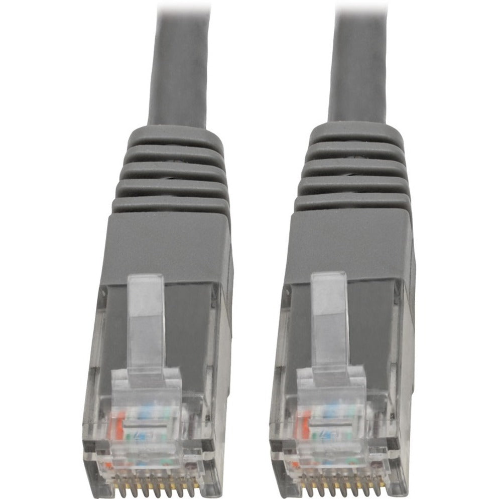 Close-up view of two gray Cat6 cable RJ45 connectors with gold-plated pins and strain relief-alternate-image1