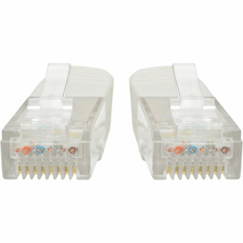 Detailed view of Cat6 cable RJ-45 connector pins showing color-coded wiring arrangement