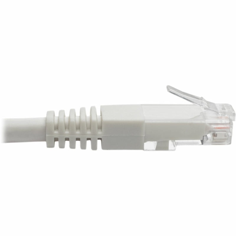 Side profile of Cat6 cable connector showing white strain relief boot design