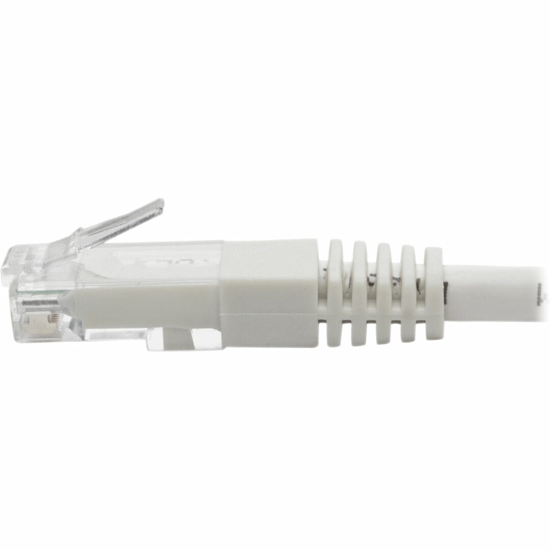 Close-up side view of white Cat6 cable connector showing integrated tab protector-alternate-image4