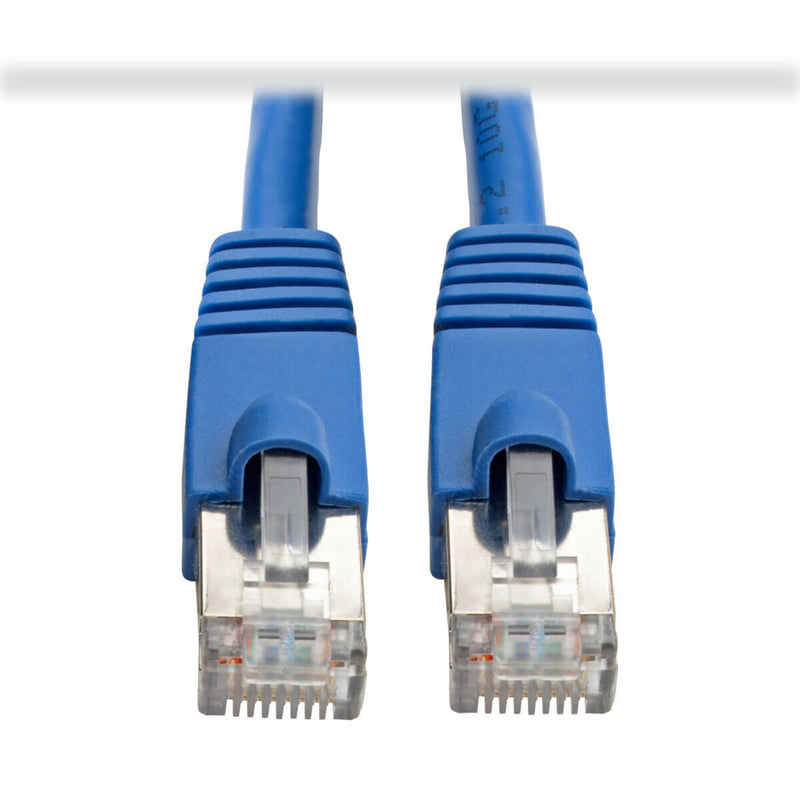 Close-up view of blue Cat6a cable ends showing snagless RJ45 connectors with strain relief boots