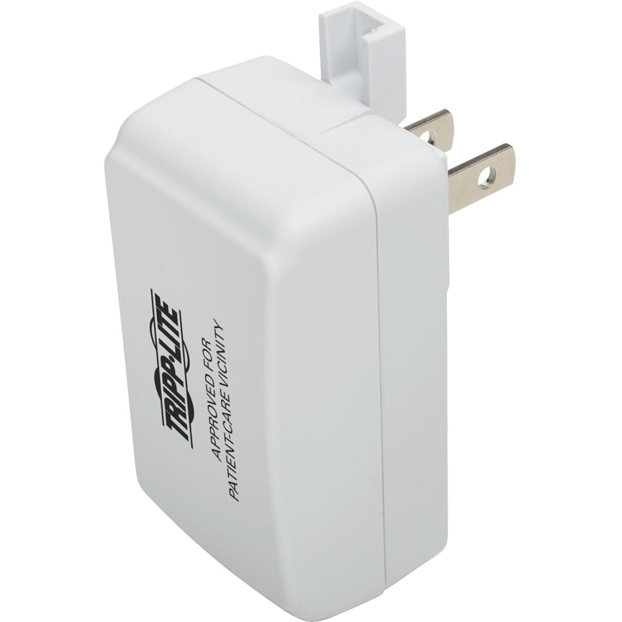 White hospital-grade USB wall charger with mounting tab and two-prong plug-alternate-image1