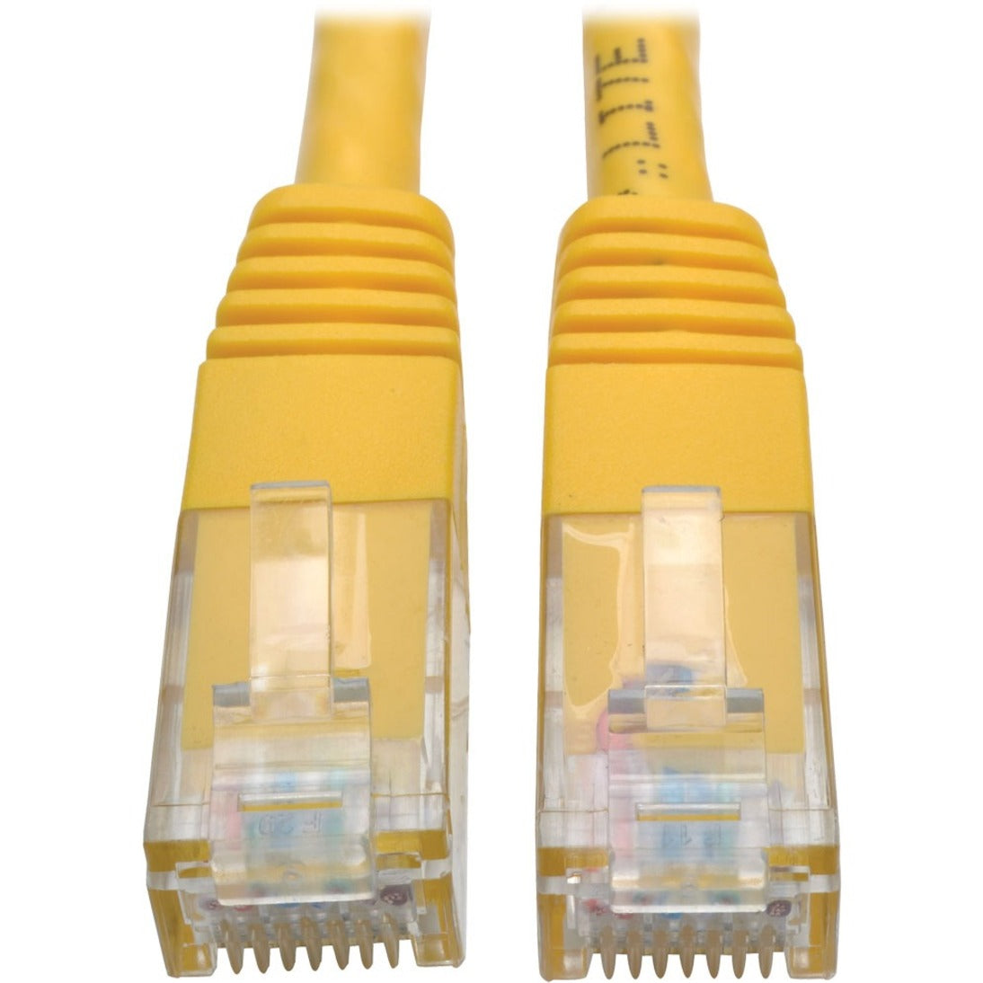 Close-up view of two yellow Cat6 RJ45 connectors with gold-plated contacts and strain relief-alternate-image1