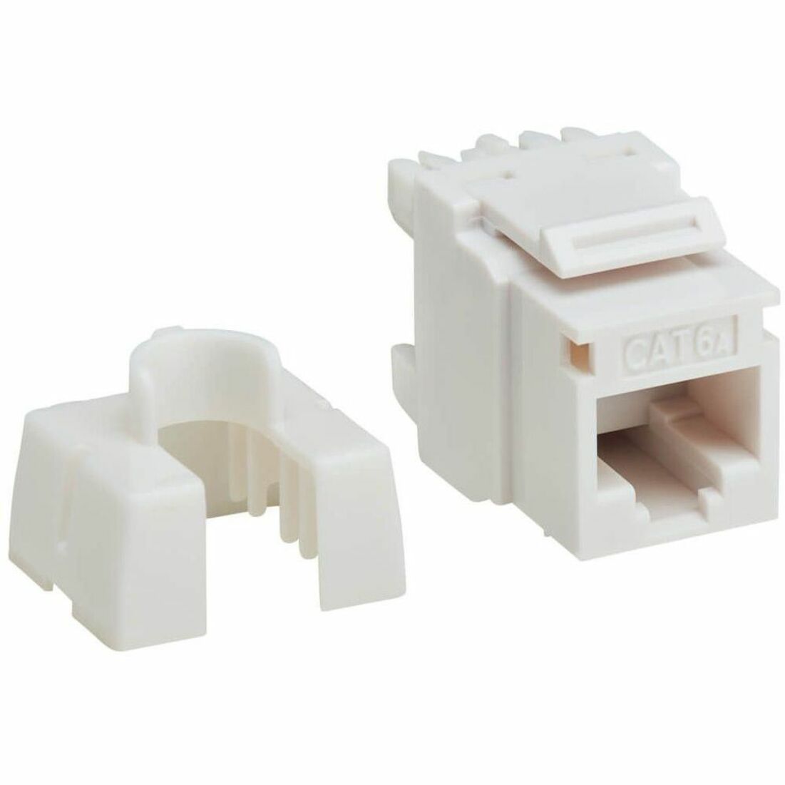 White Cat6a keystone jack with removable dust cap showing RJ45 port and CAT6a labeling-alternate-image1