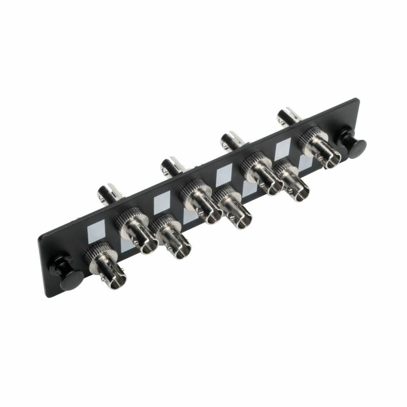 Eight-port ST fiber adapter panel with black metal housing and silver connectors in linear arrangement