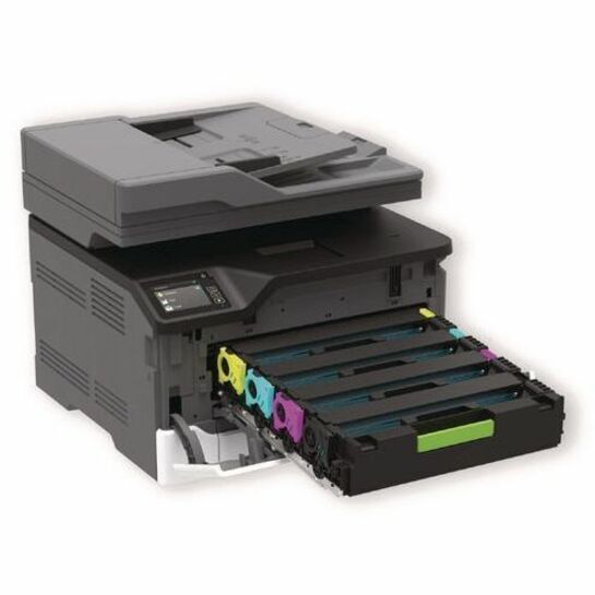 Lexmark printer with open toner drawer showing multiple color cartridge installation