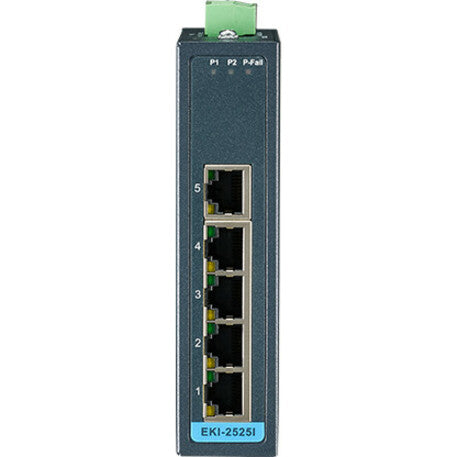 Vertical view of Advantech EKI-2525I-BE showing numbered ethernet ports and LED indicators